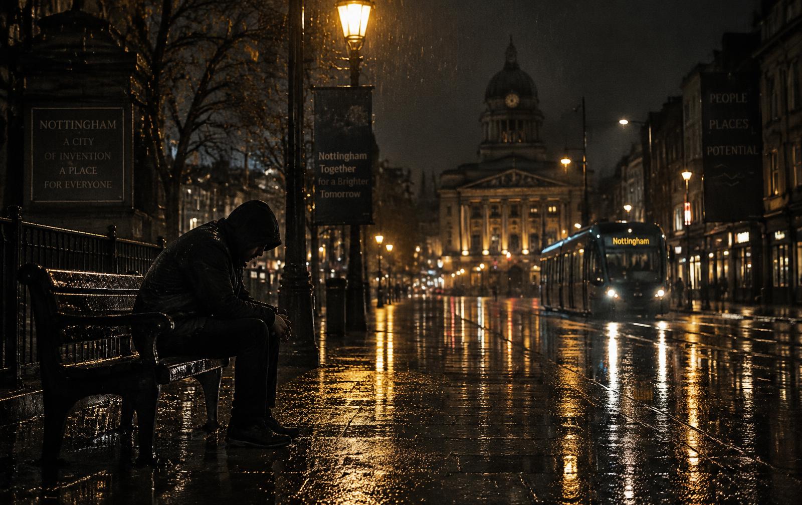 A man sitting alone on a bench at night in the rain