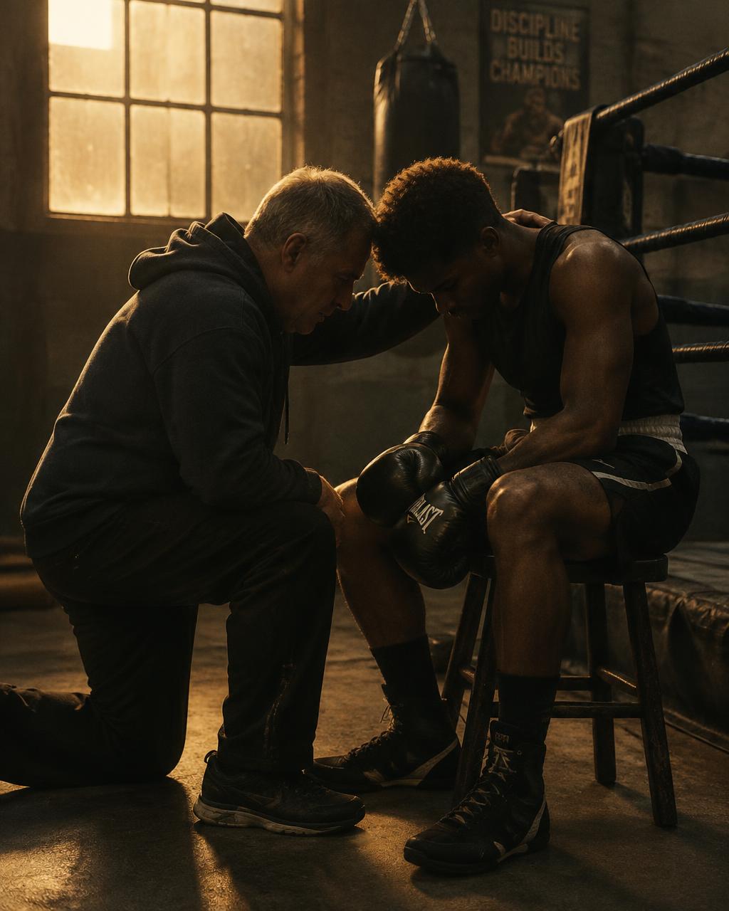 A cornerman kneeling beside a boxer, hand on his shoulder
