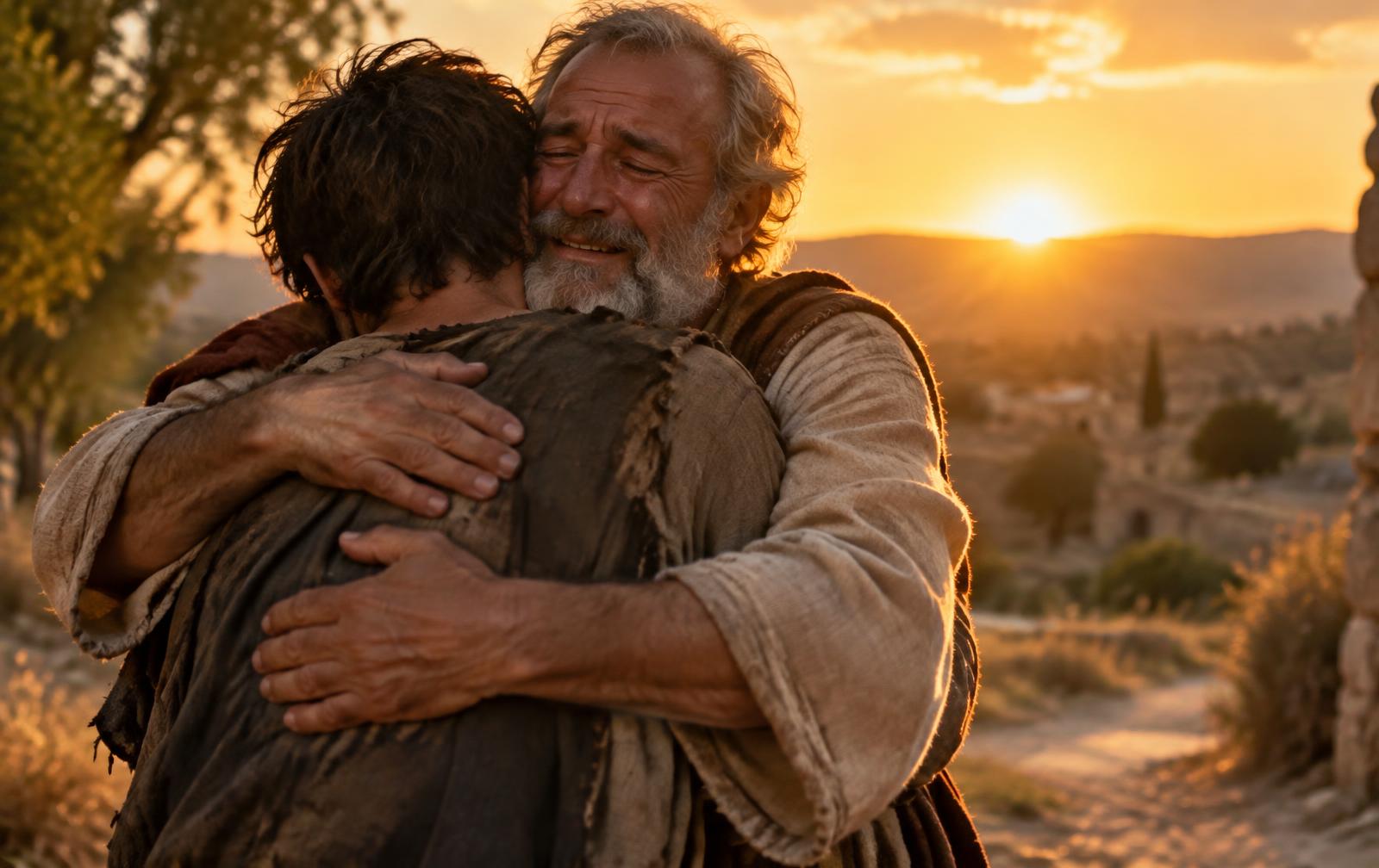 A father embracing his son at sunset