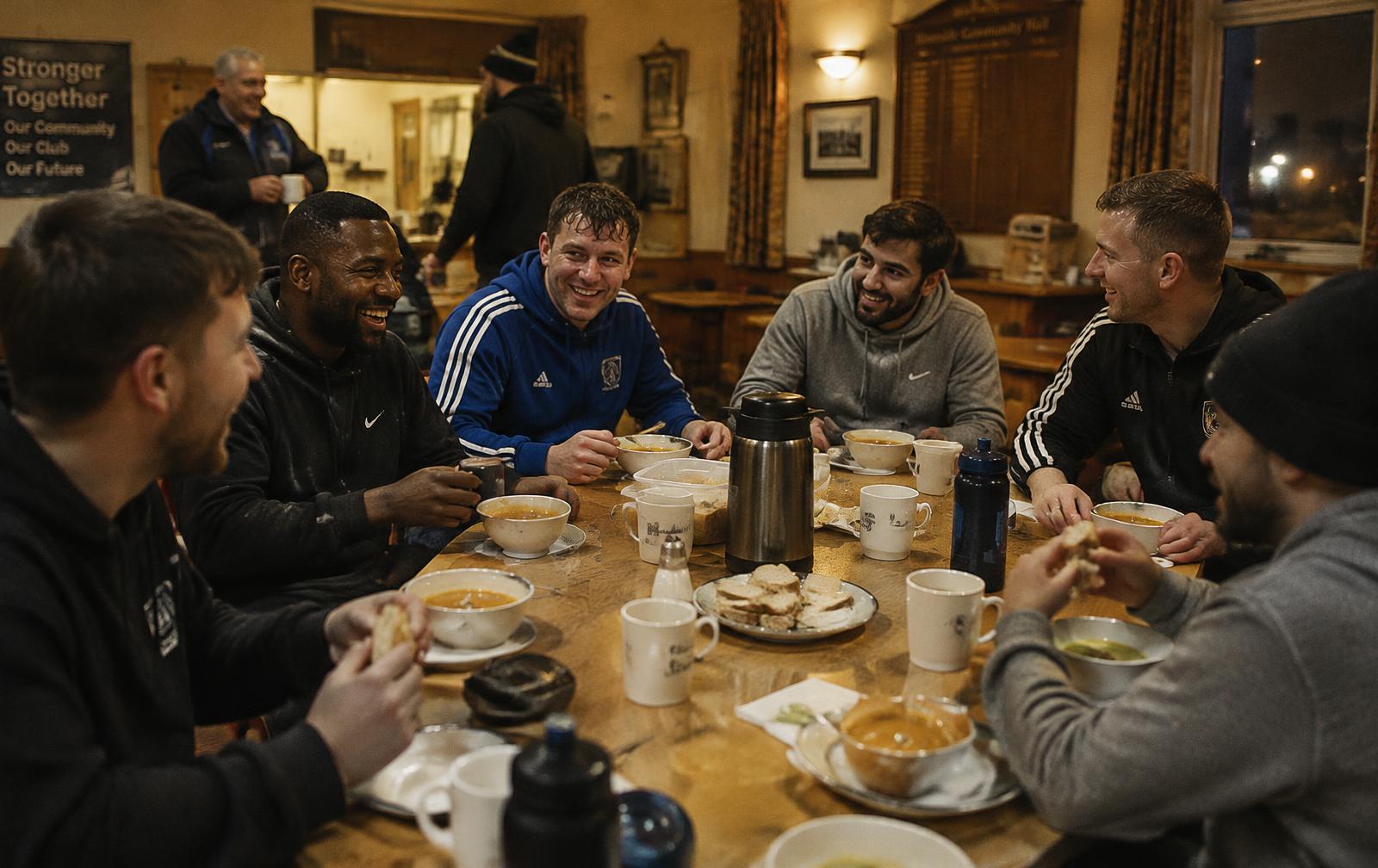 Men laughing over soup and tea after training