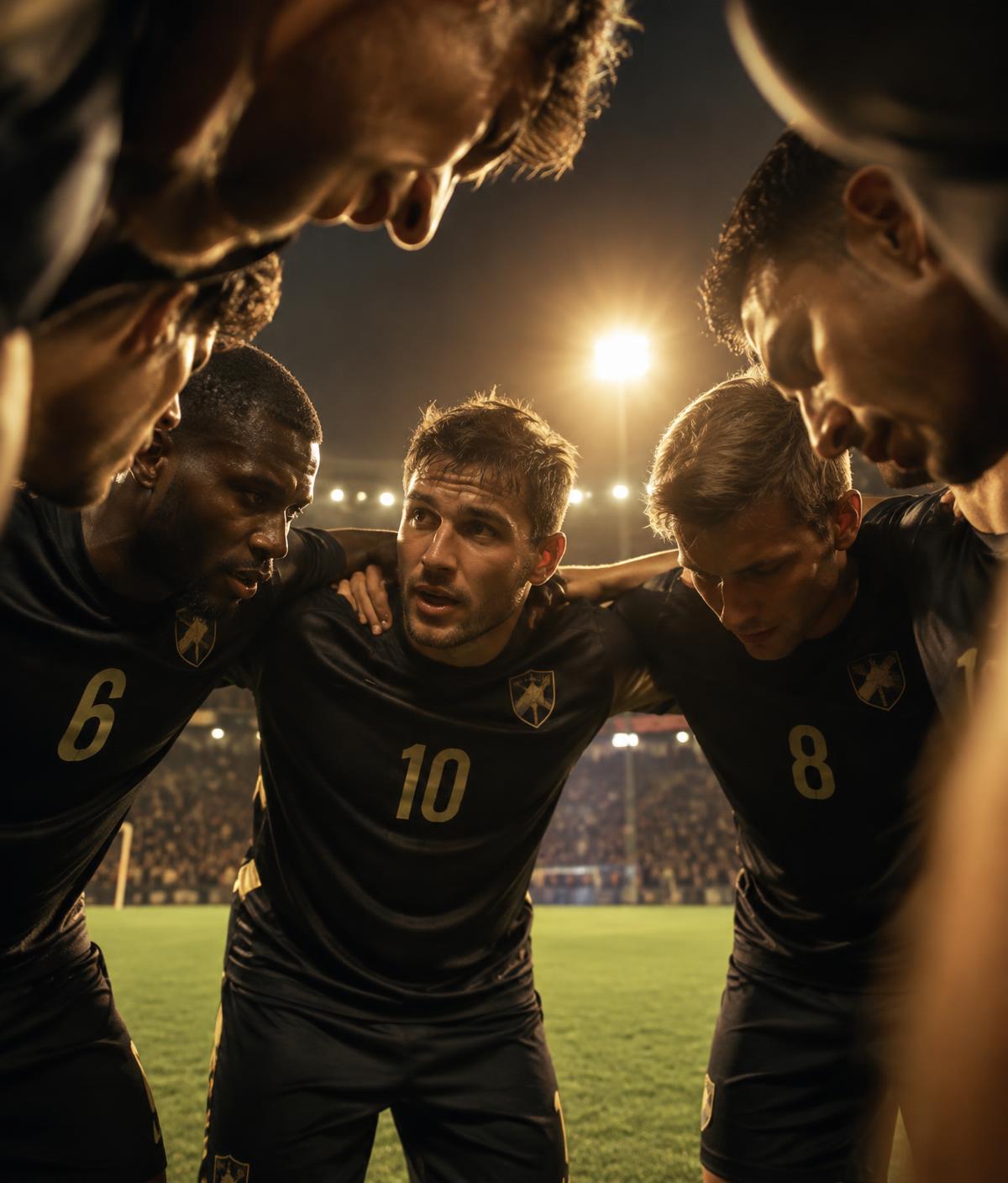 Men in a huddle on a floodlit pitch