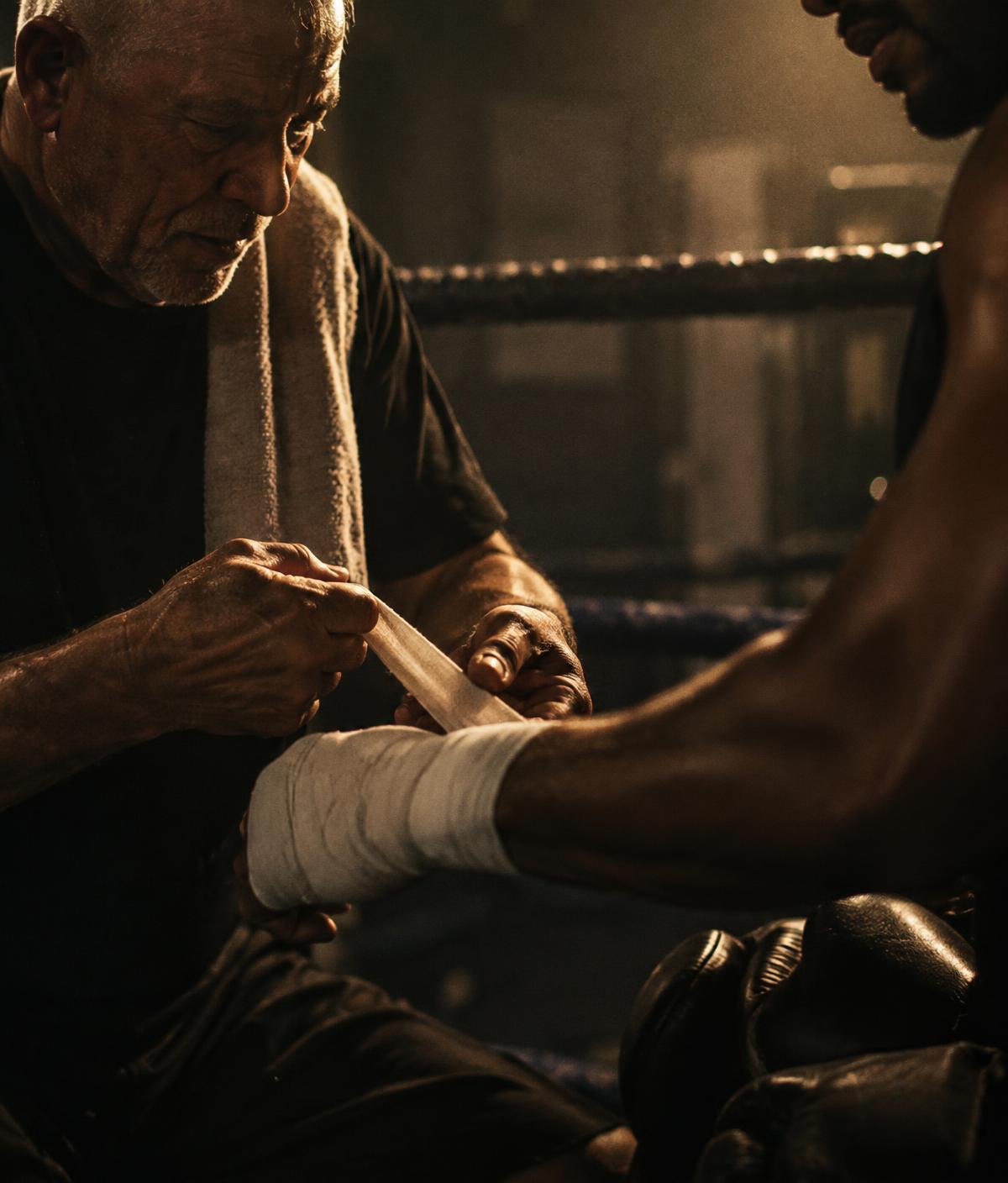 A cornerman wrapping a boxer's hands